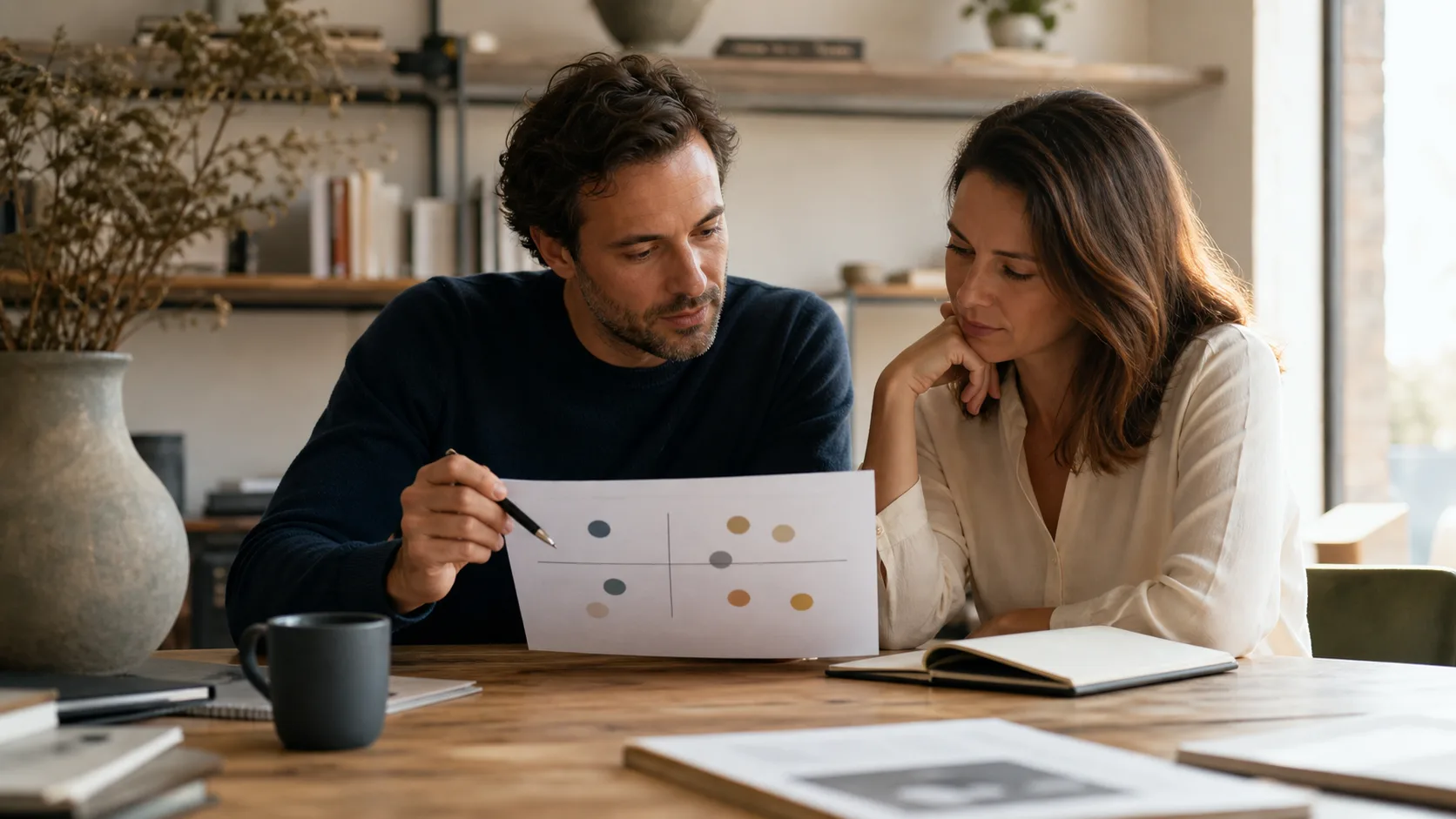 Fondateur priorisant une nouvelle offre IA avec un collaborateur