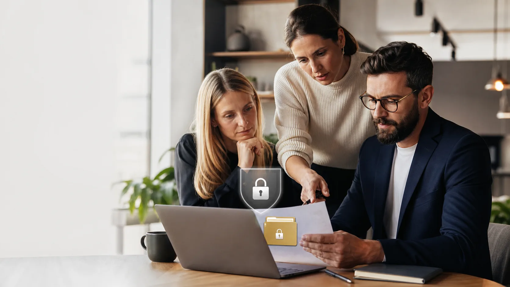 Équipe professionnelle protégeant des informations sensibles avant d’utiliser une IA