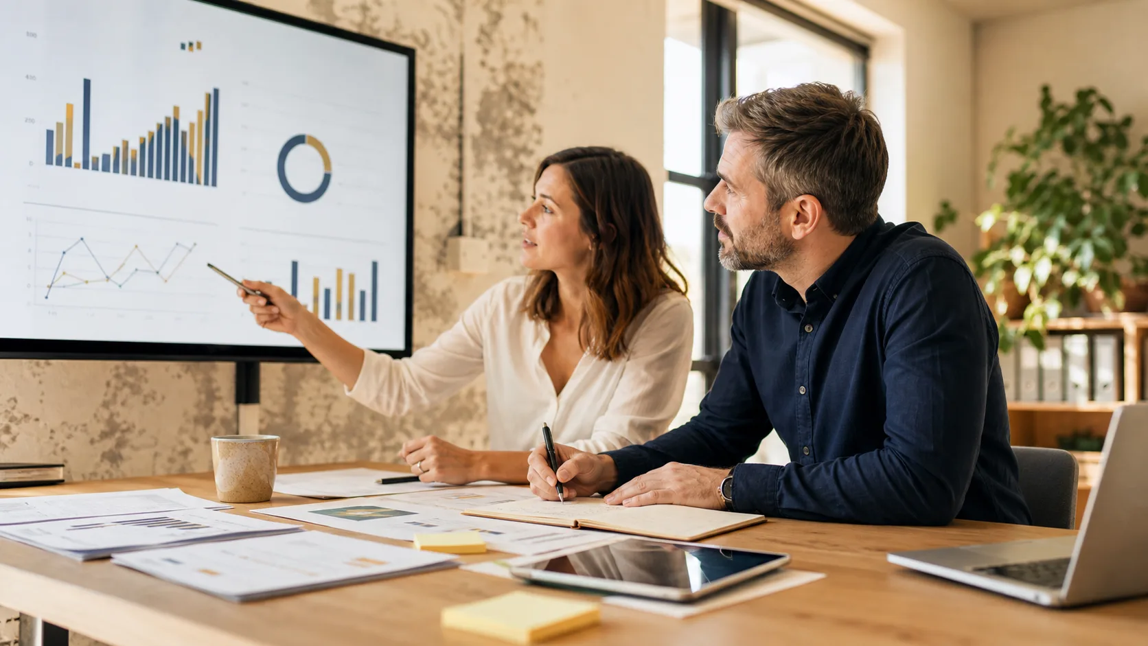 Équipe de PME comparant quelques indicateurs simples en réunion