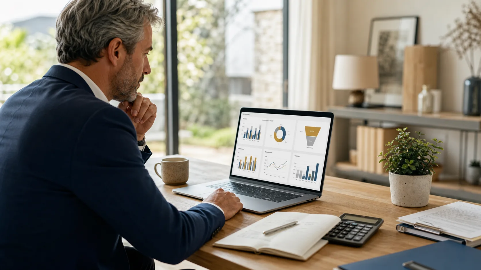 Dirigeant de PME consultant calmement son tableau de bord hebdomadaire