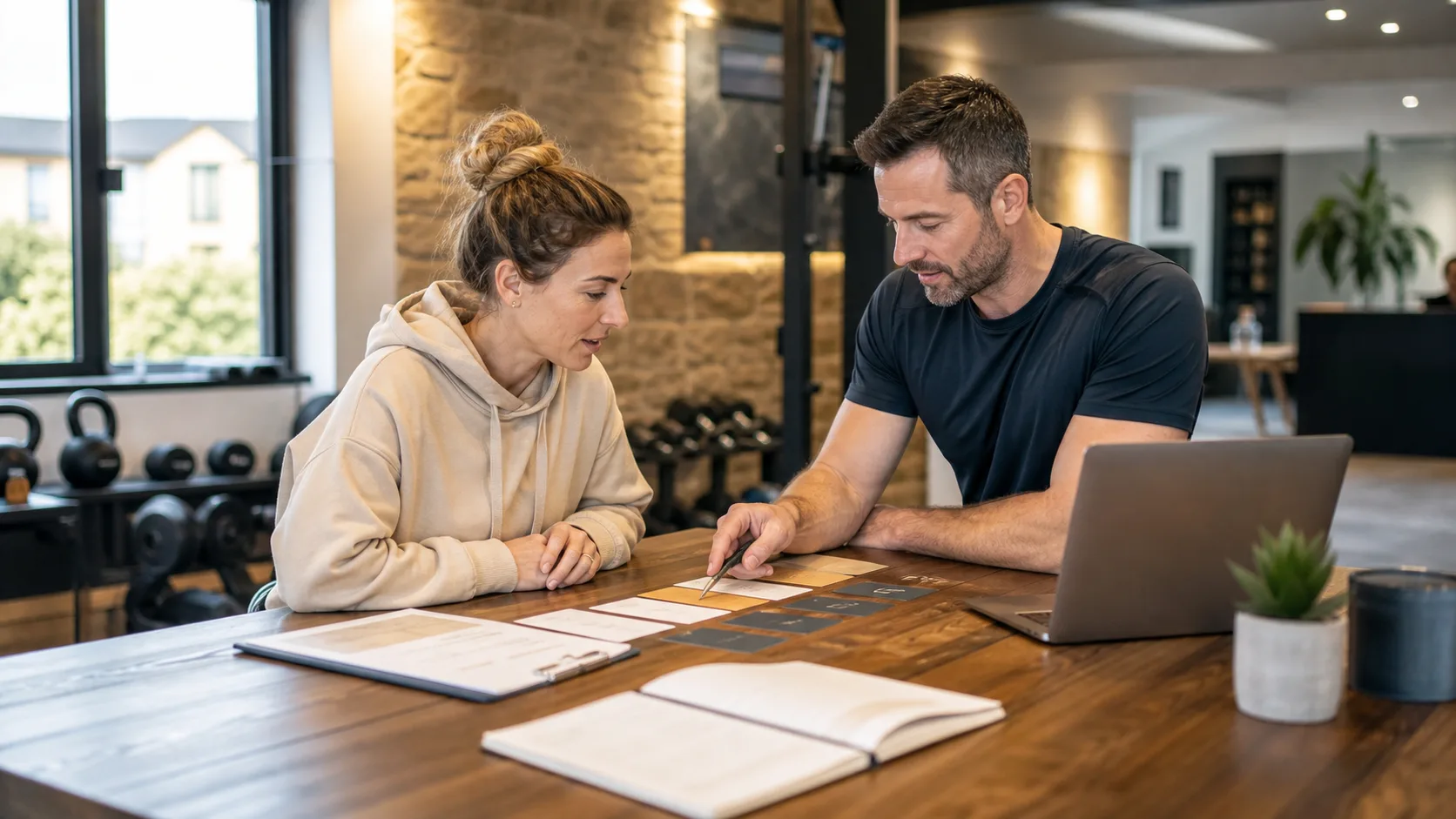 Coach et gérant préparant le parcours digital des adhérents d’une salle locale
