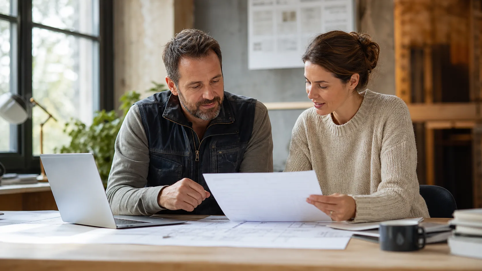 Professionnel du bâtiment validant les détails d’un devis avec son équipe