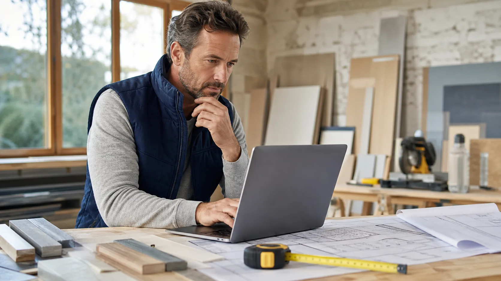 Artisan du bâtiment préparant un devis assisté par une IA dans son atelier