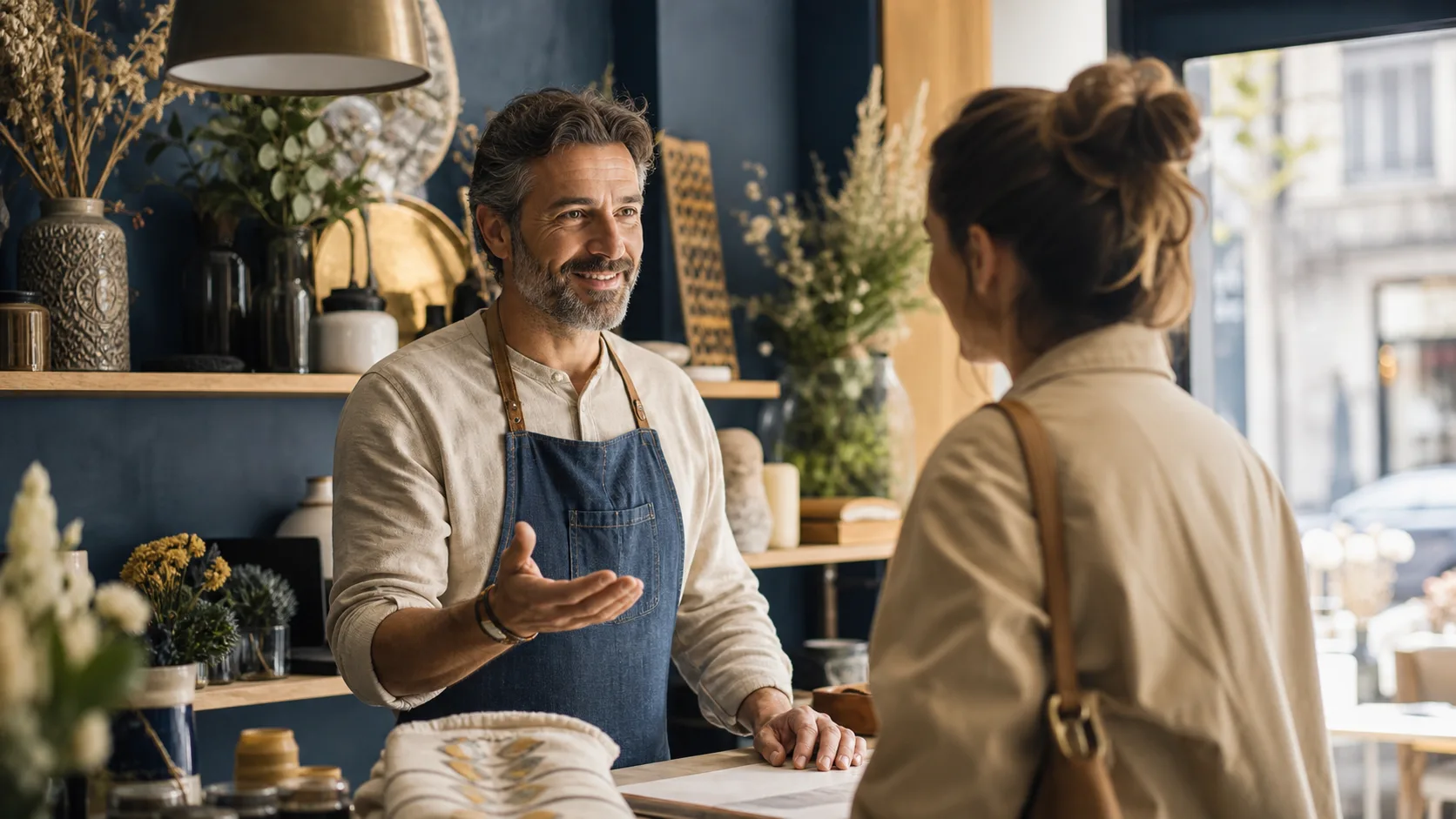 Commerçant invitant naturellement un client satisfait à partager son expérience