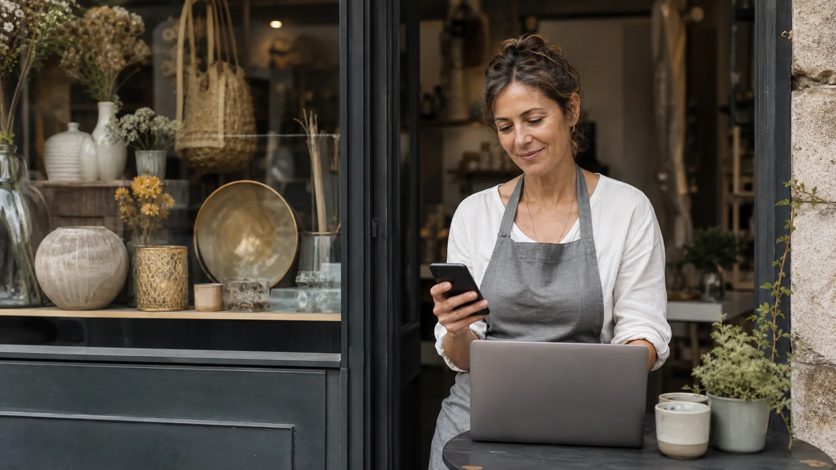 Commerçant vérifiant une campagne locale depuis son téléphone et son ordinateur