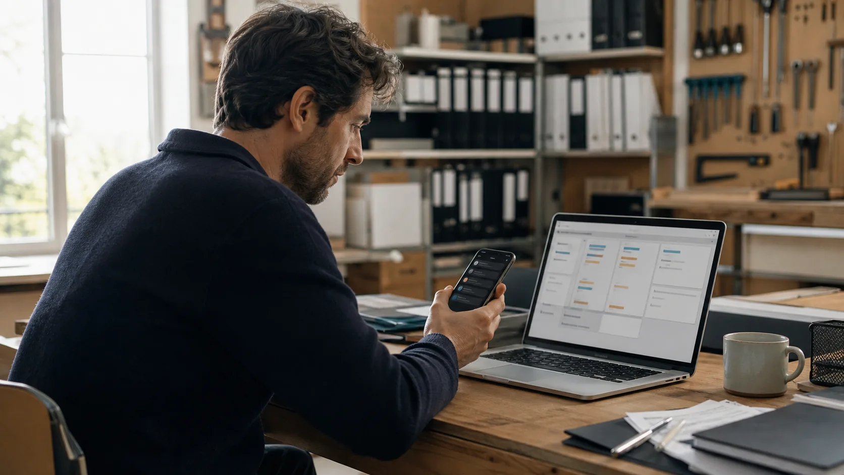 Dirigeant d'une petite entreprise organisant ses demandes clients avec un agent IA