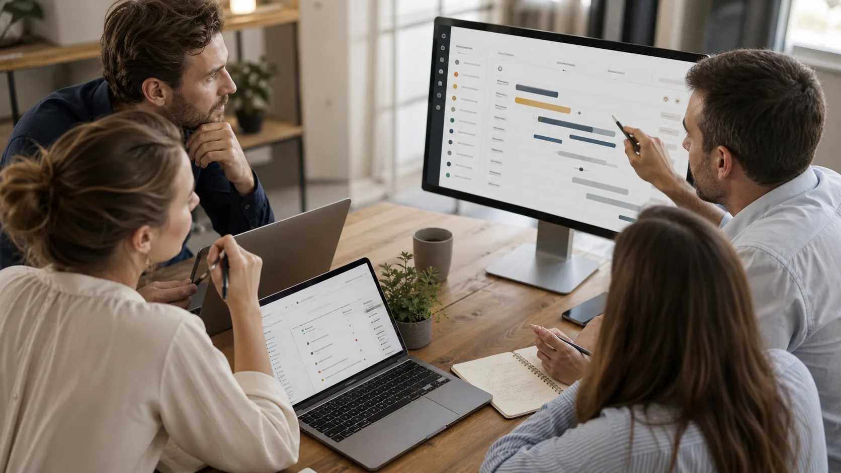 Équipe de PME vérifiant les tâches confiées à un assistant IA