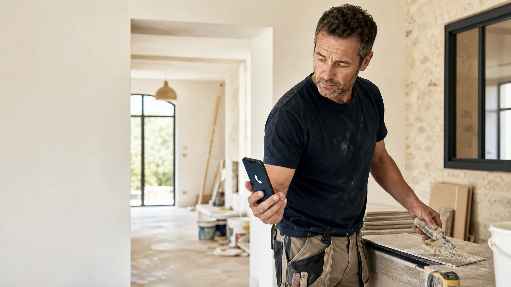 Artisan sur un chantier consultant un appel client manqué sur son téléphone