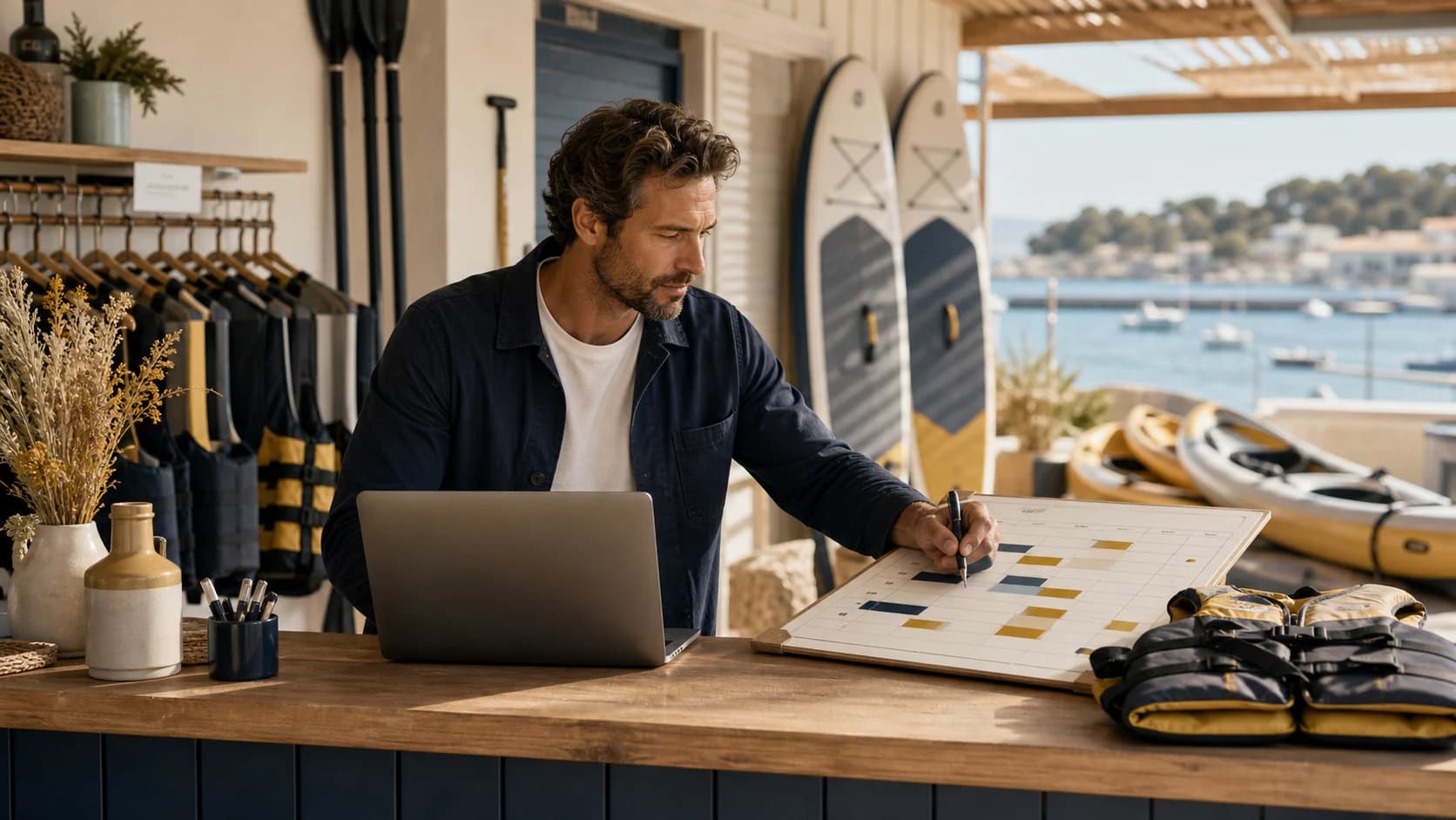 Responsable d'une base nautique locale pilotant les réservations et l'activité du jour depuis le comptoir face aux paddle et kayaks