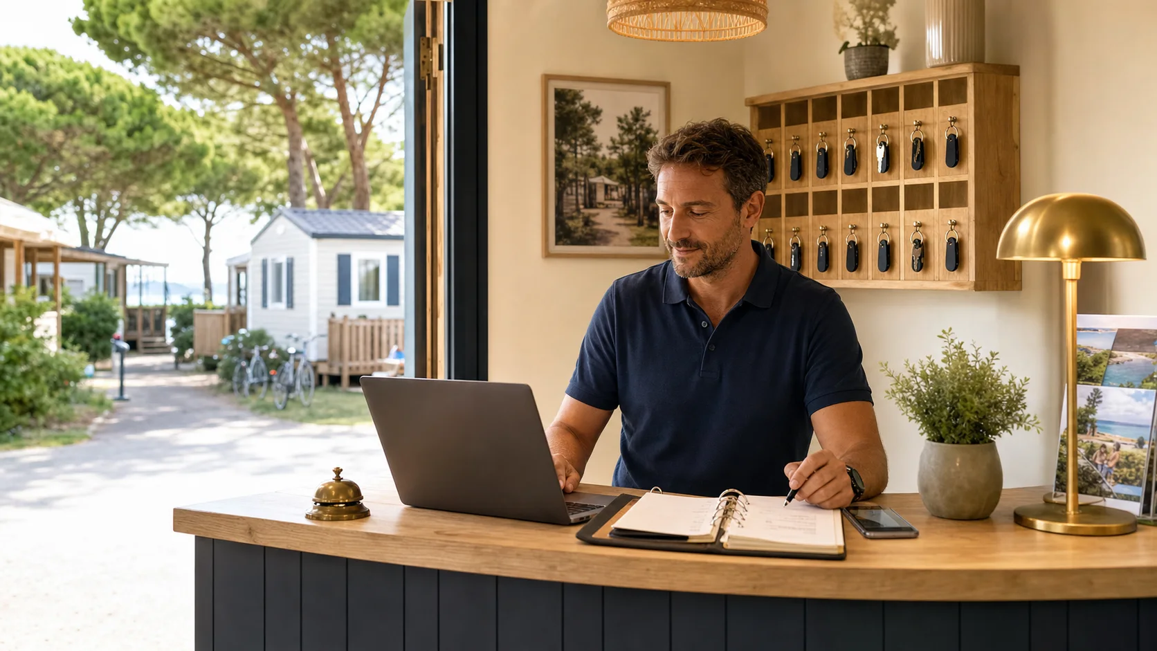 Responsable de camping local préparant une base de réponses GPT à la réception entre téléphone, carnet de réservation et ordinateur portable