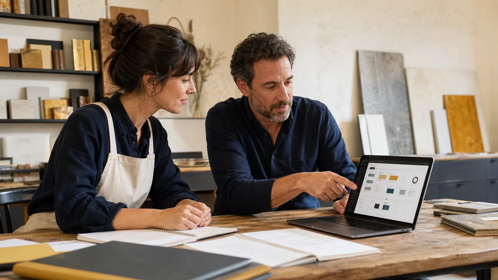 Dirigeants de petite entreprise analysant un suivi commercial digital pour mieux qualifier et relancer