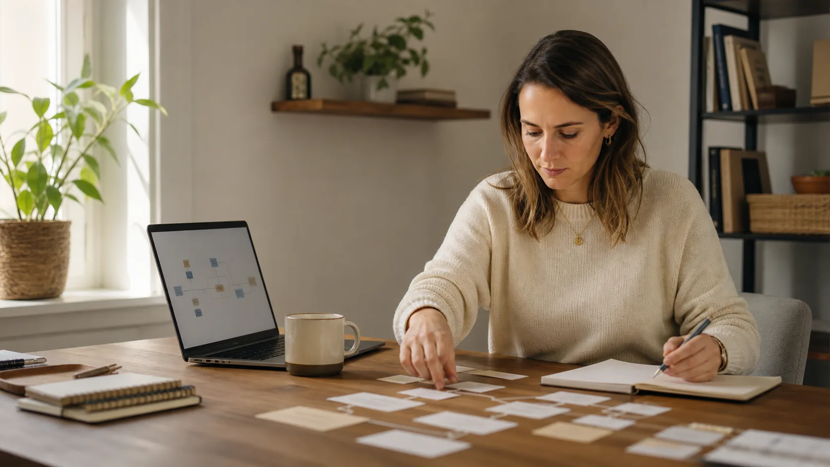 Solopreneure organisant ses tâches répétitives et ses workflows dans un bureau lumineux