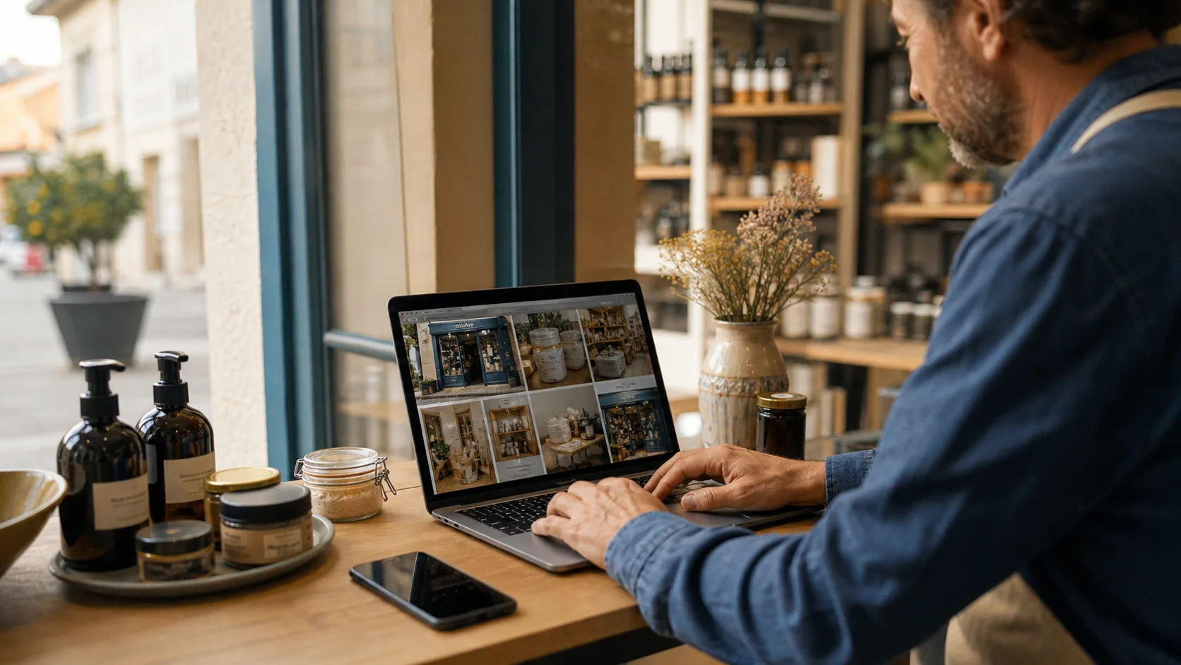 Commerçante sélectionnant des photos authentiques pour améliorer sa fiche locale