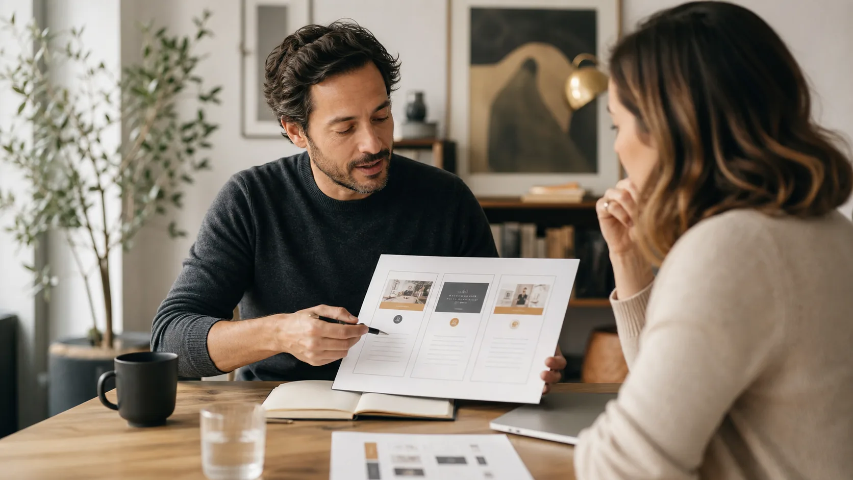 Consultant présentant une offre forfaitaire claire à un client