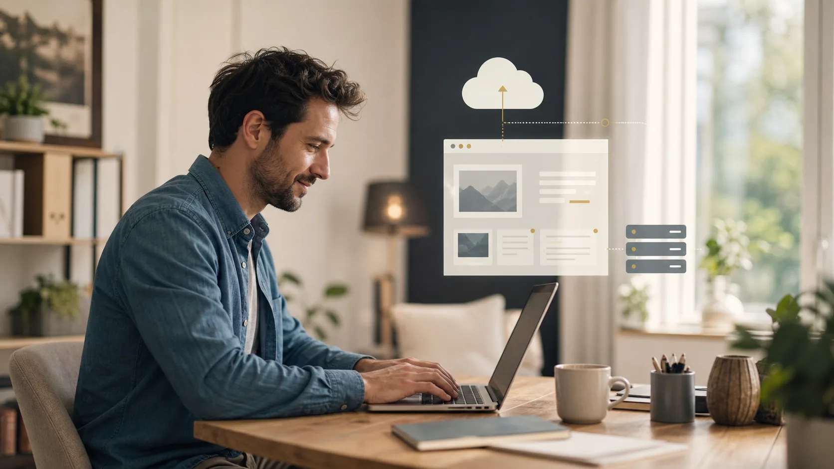Solopreneur lançant un site professionnel depuis un espace de travail lumineux