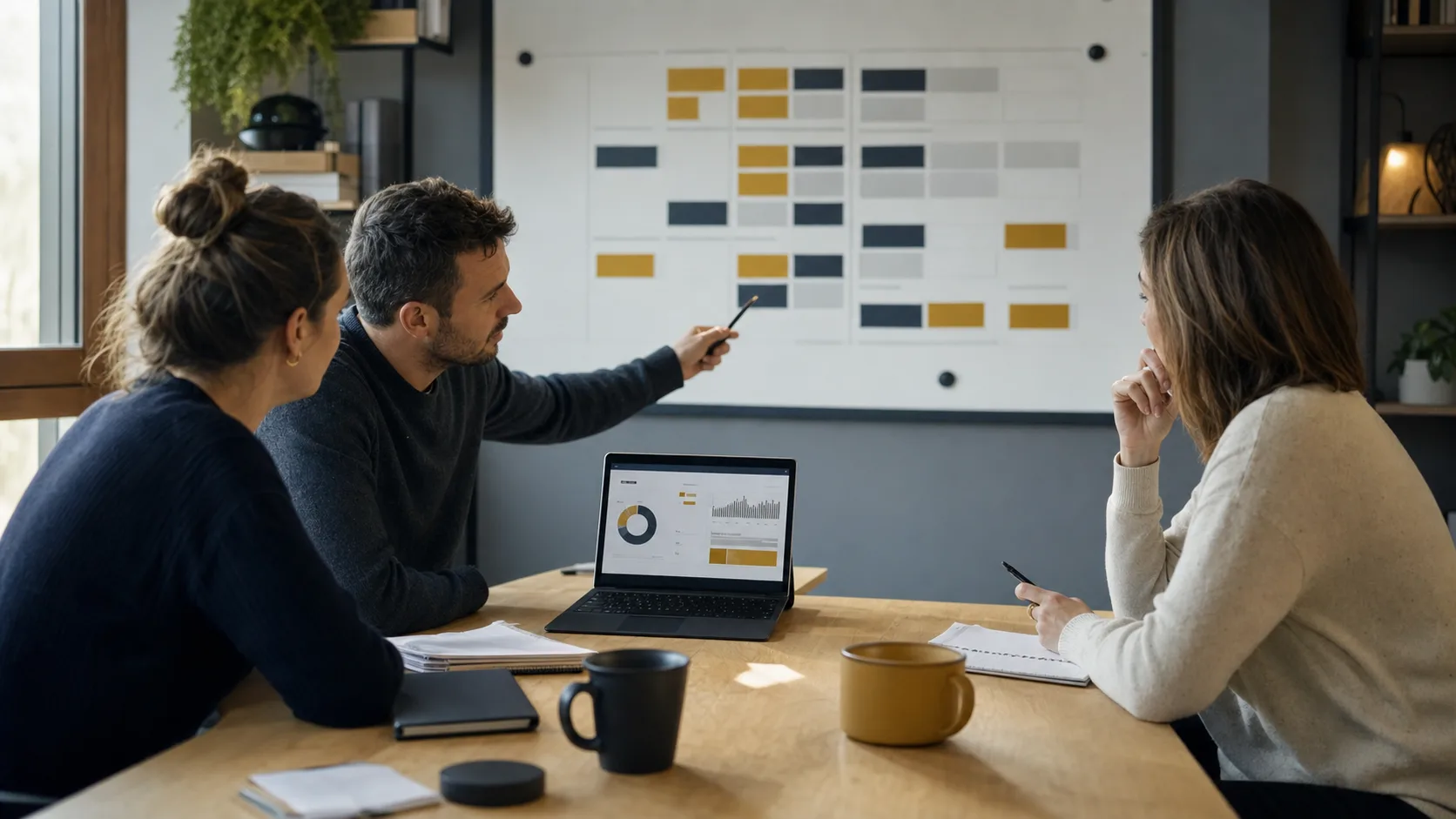 Equipe de petite entreprise visualisant ses priorités de management sur un tableau digital simple