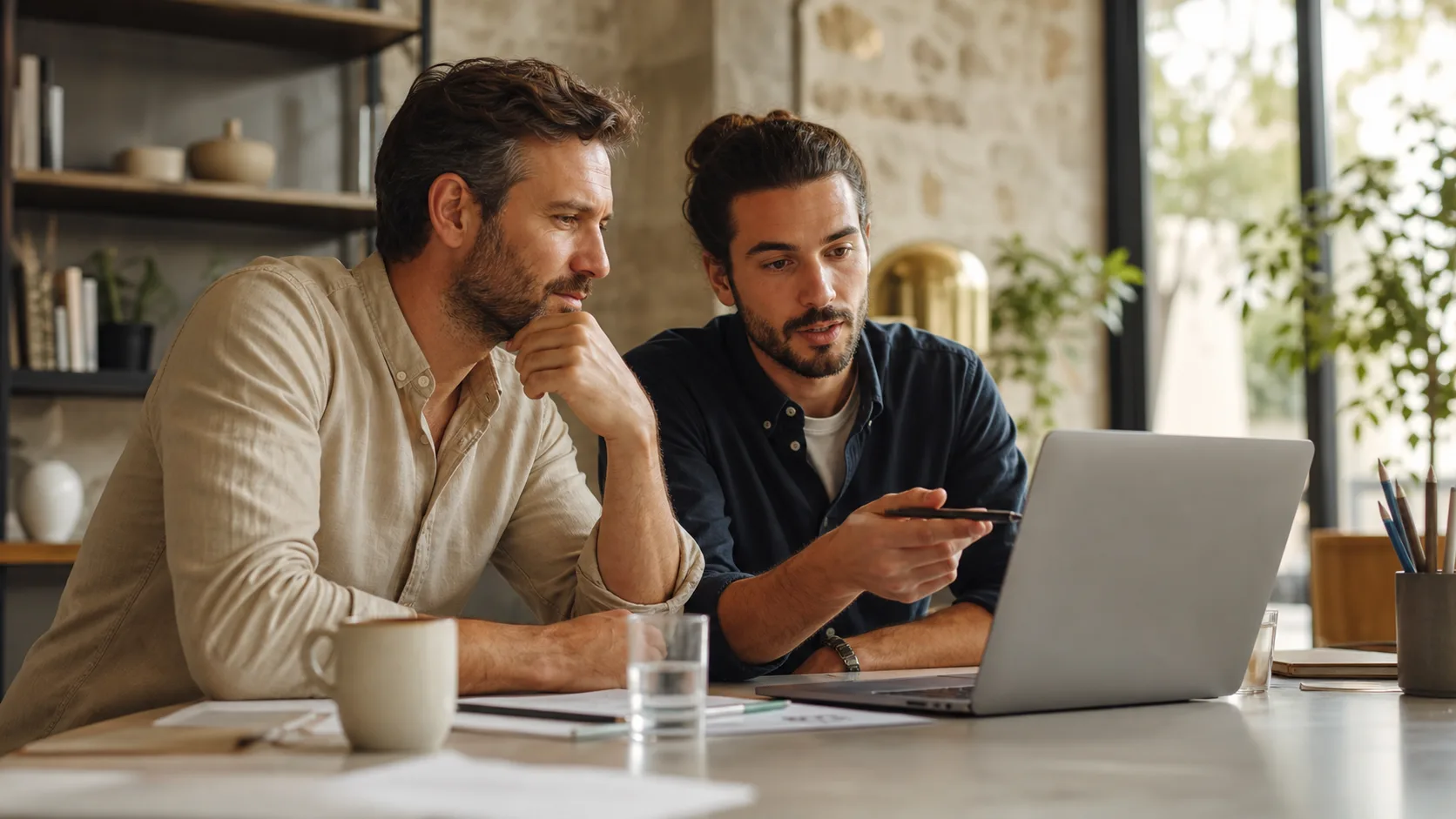 Dirigeant vérifiant avec un développeur les résultats d’un workflow IA