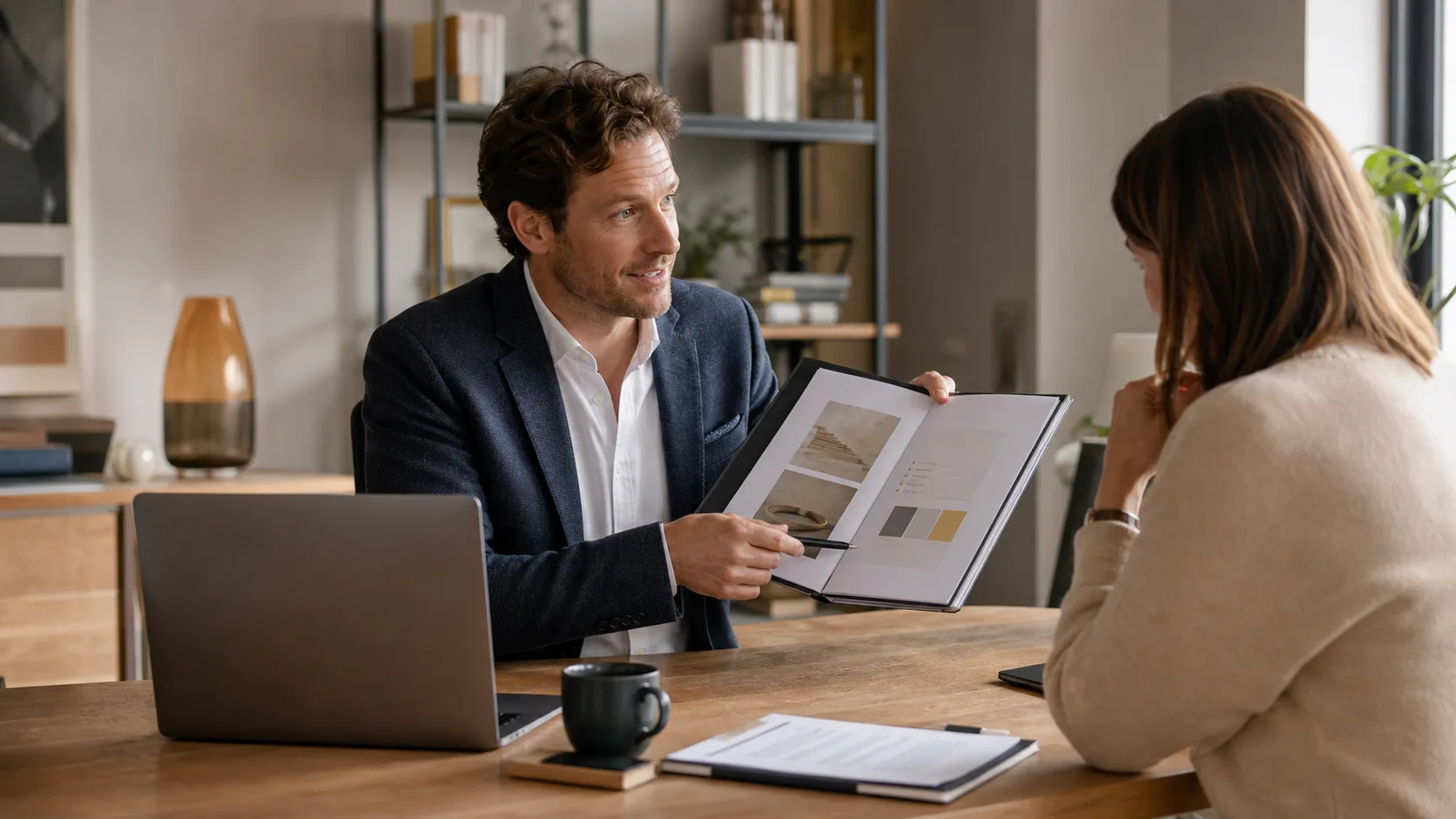 Consultant présentant une offre packagée claire à un client