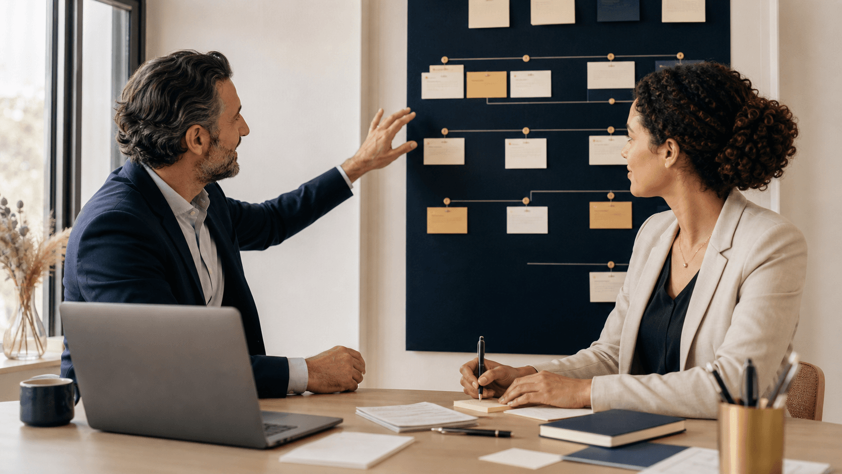 Deux professionnels organisant un parcours digital clair pour mieux répondre aux demandes de leurs clients