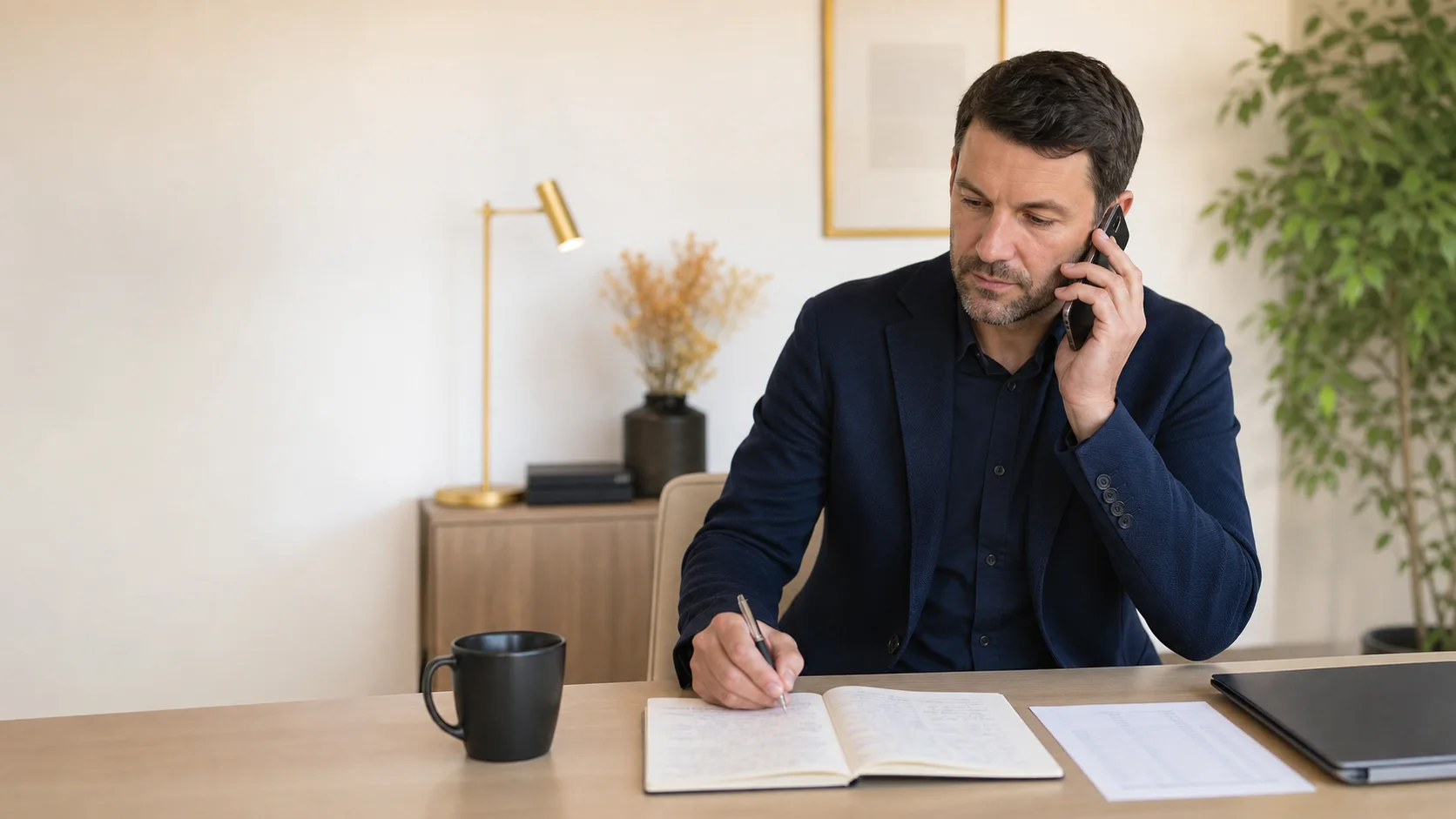 Dirigeant réalisant un appel de prospection téléphonique et prenant des notes dans son bureau
