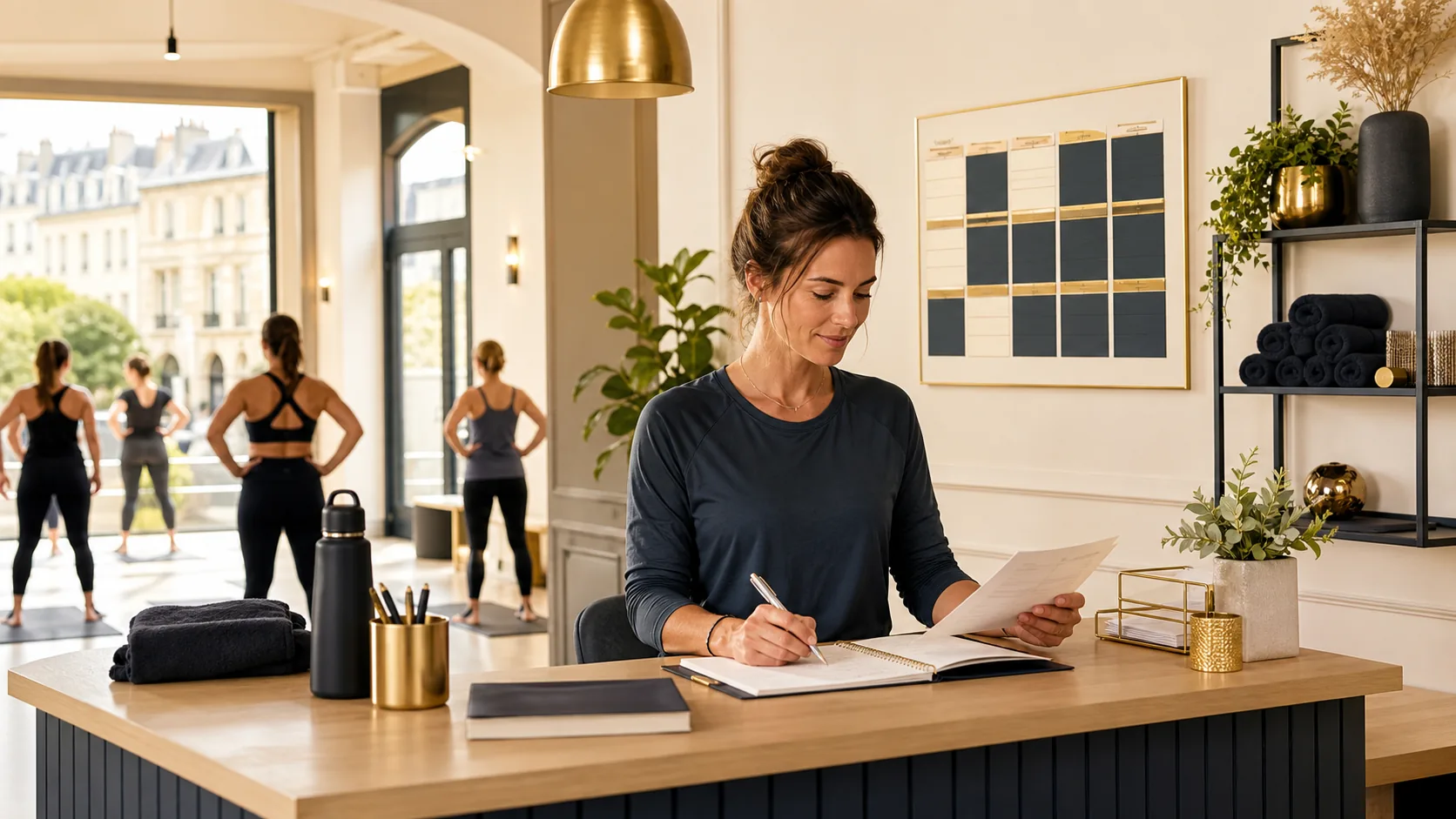 Responsable de salle de sport locale analysant des demandes d'essai et un planning de cours