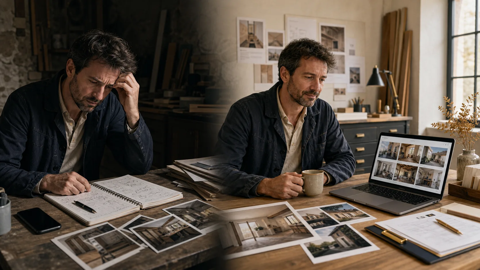 Artisan local passant d'une présence digitale pauvre avec photos éparses à une page réalisations claire avec avant après et demandes mieux qualifiées
