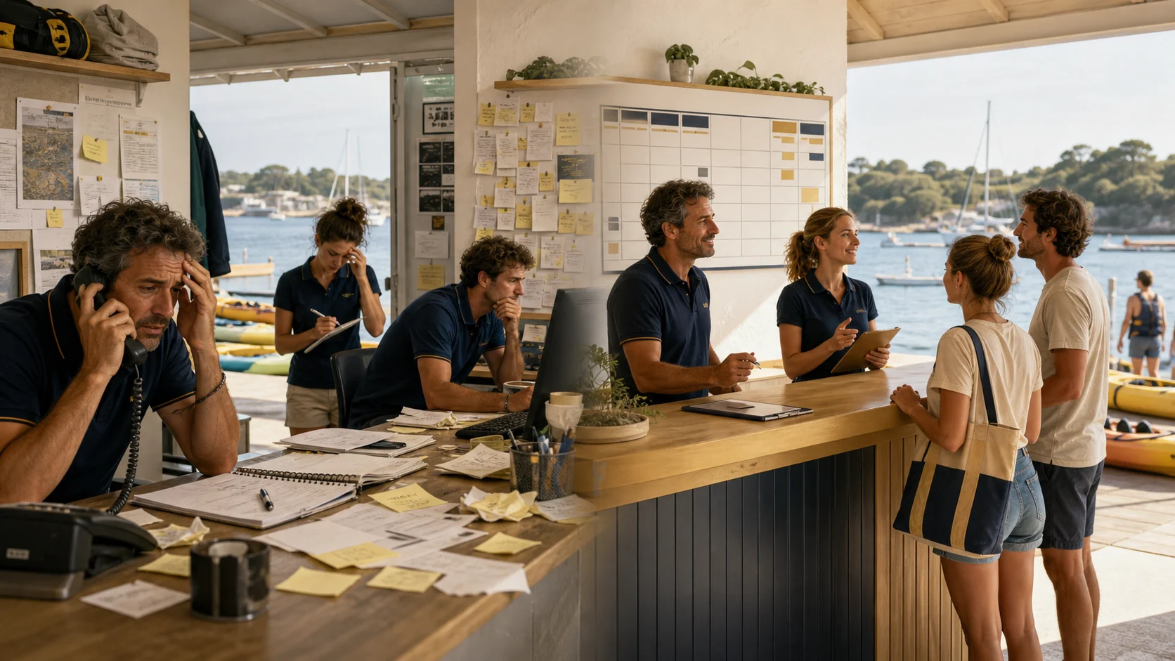 Avant après d'une base nautique locale passant d'un accueil débordé avec réservations éparpillées à un comptoir organisé avec planning clair et départs mieux remplis