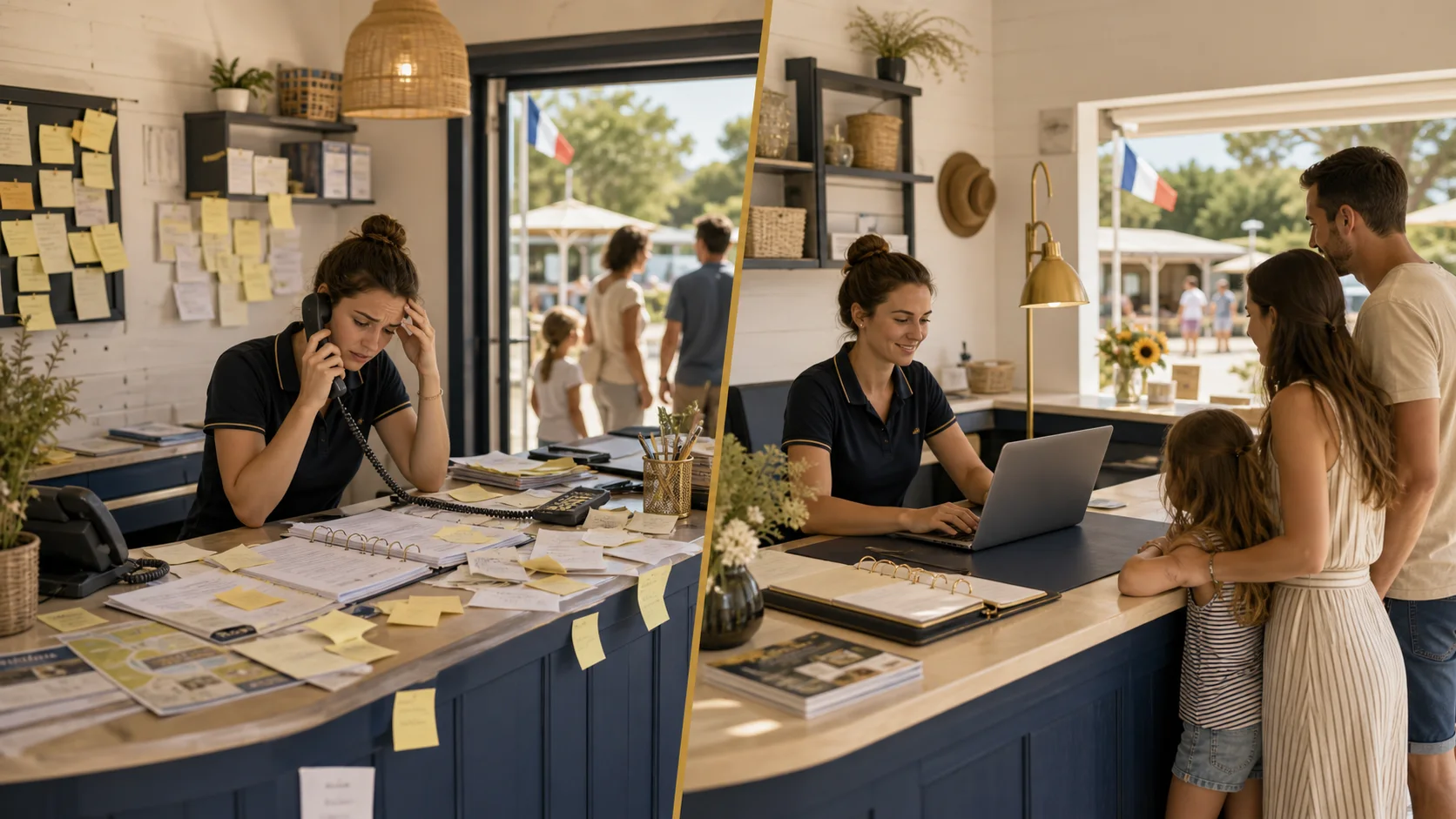 Réception de camping local débordée par des questions répétitives puis organisée avec une base de réponses GPT claire et un accueil plus serein