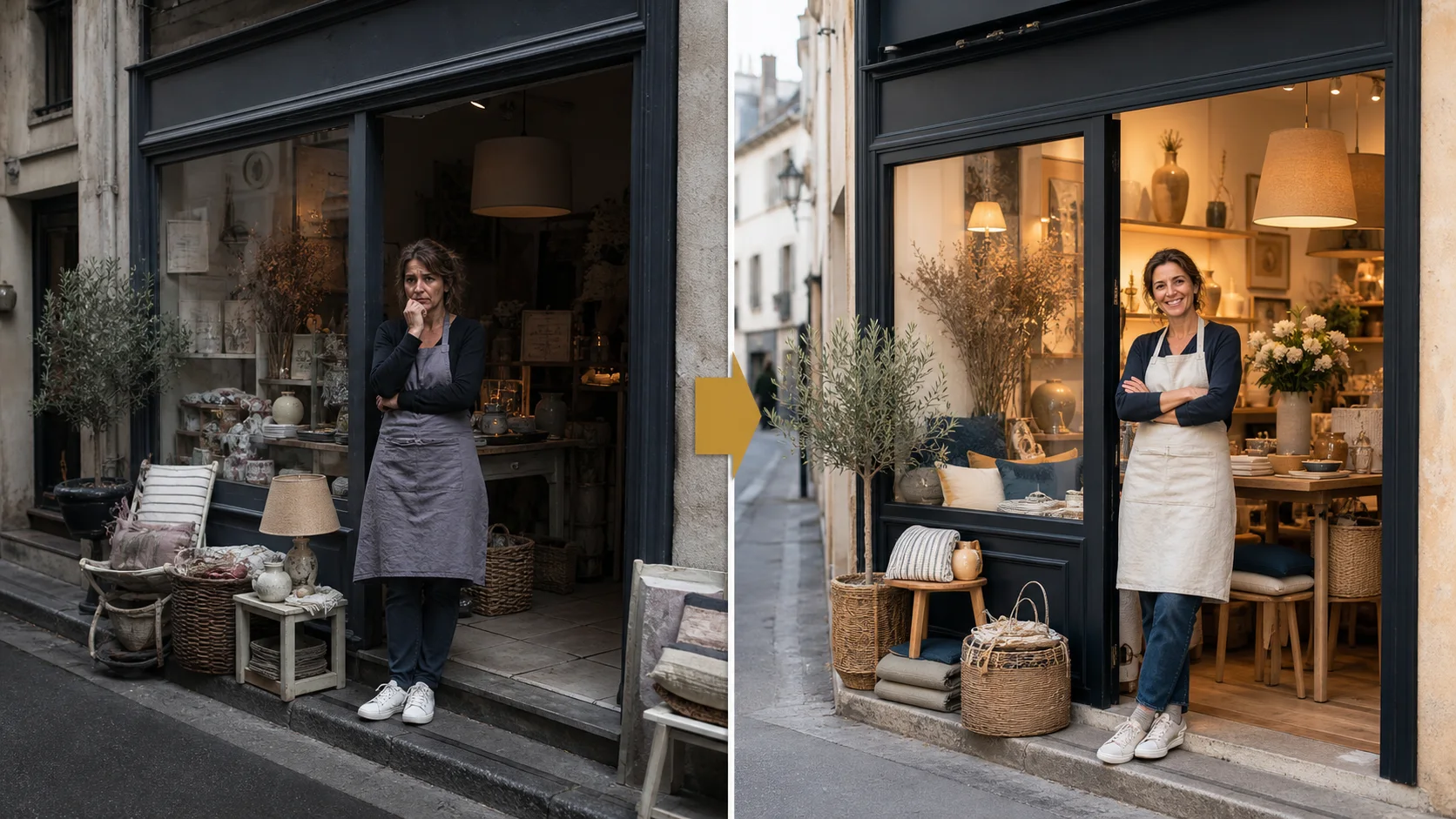 Commerce local passant d'une fiche Google avec photos ternes et peu engageantes à une fiche plus claire avec visuels rassurants et envie d'appeler
