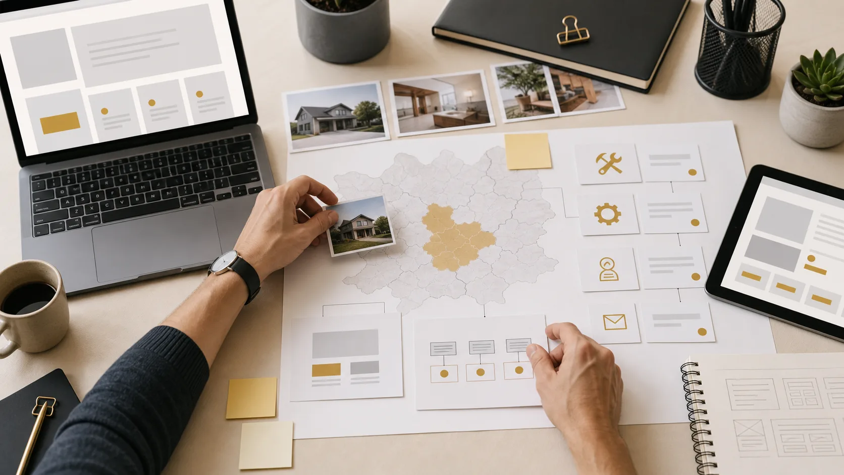 Plan de page de zone d'intervention avec villes desservies, preuves locales, services et parcours de contact