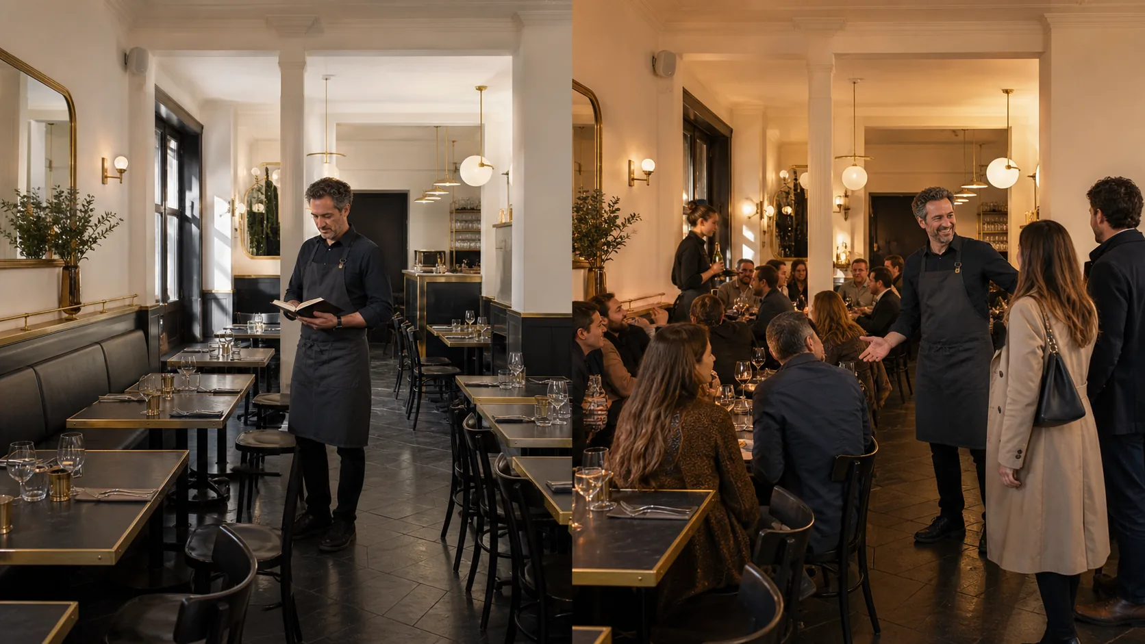 Même bistrot de quartier avant une campagne avec des tables vides puis après avec une fréquentation soutenue et réaliste